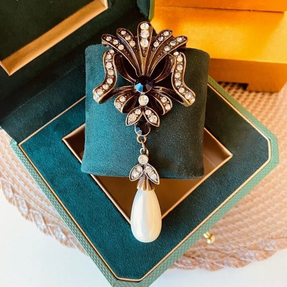 Vintage Bronze Crystal Brooch With Faux Pearl Drop - Extra Large